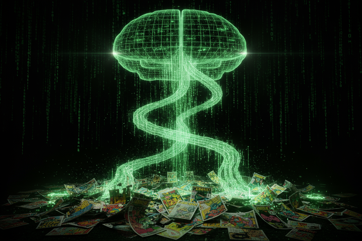 generate a image with shows files uploading a database, in Matrix style (movie).
But use comic issues as a representation of uploaded files